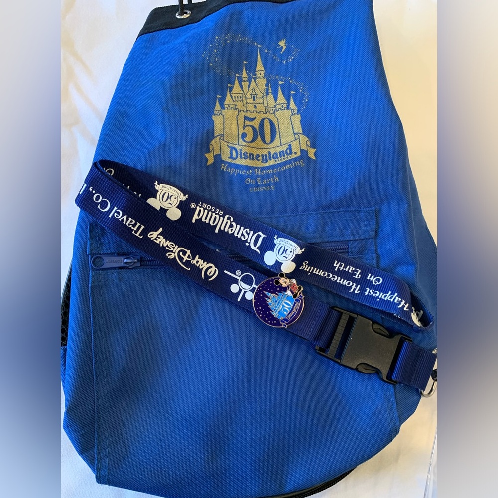 Disneyland 50th Anniversary beach bag,  Lanyard and collectible Mickey pin